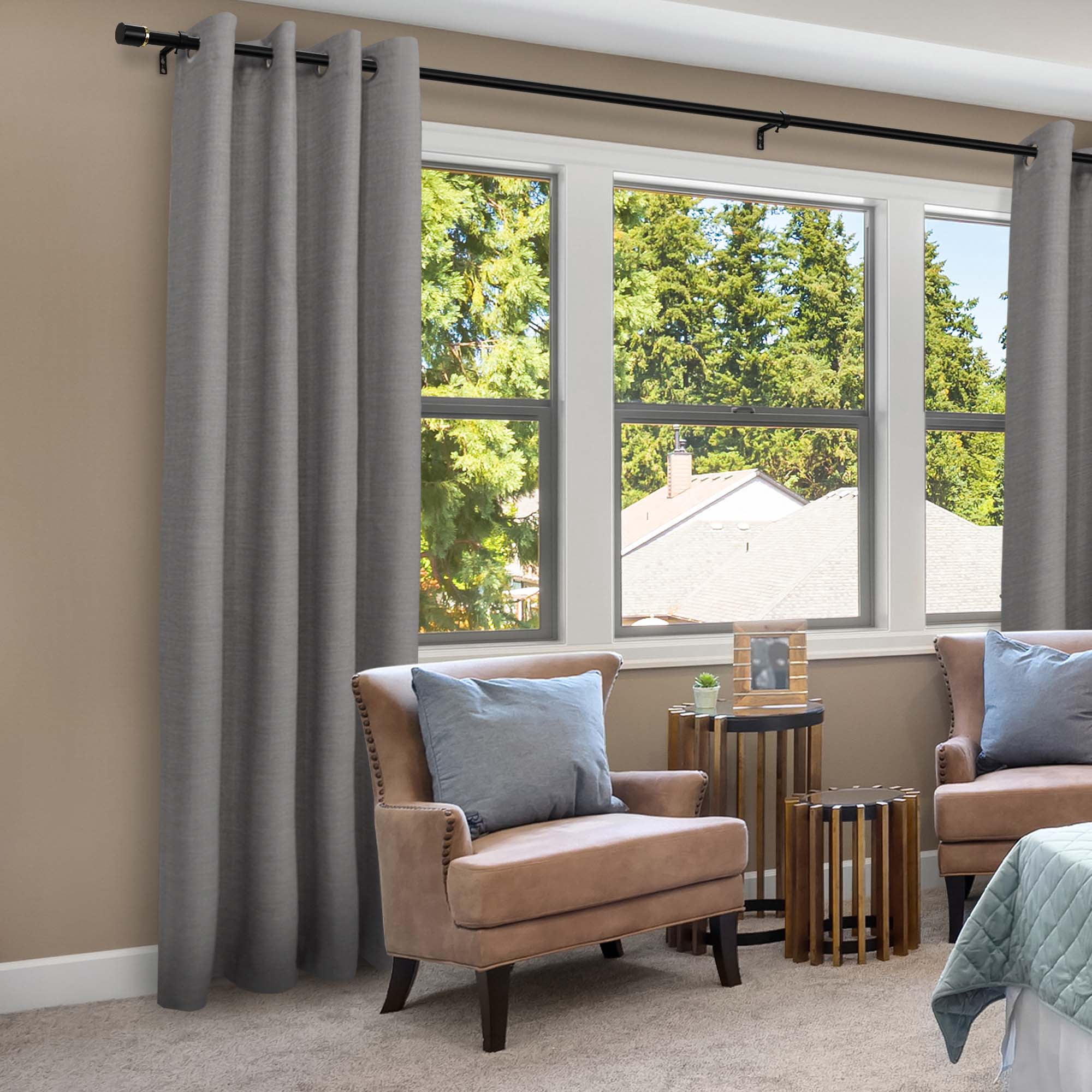 Better Homes & Gardens 1" Matte Black with Brass Neck Cylinder Adjustable Single Curtain Rod Set, 42"-120"