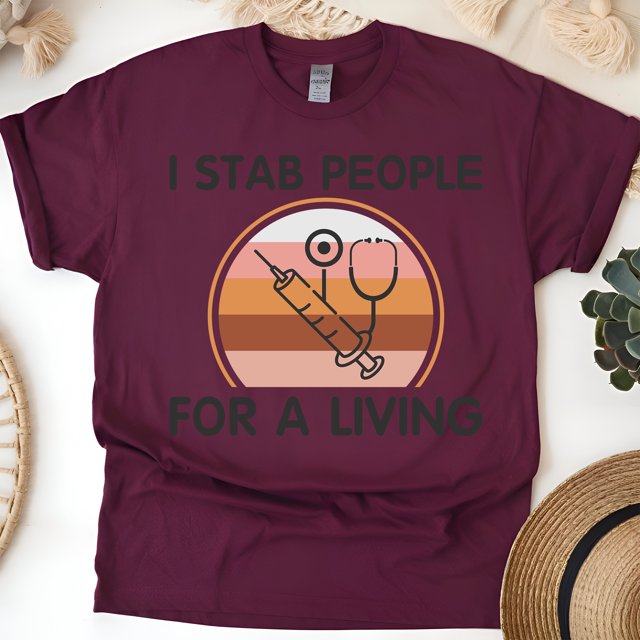 Funny Nurse Graphic T-Shirt with Syringe and Stethoscope Design, Maroon, Size XL