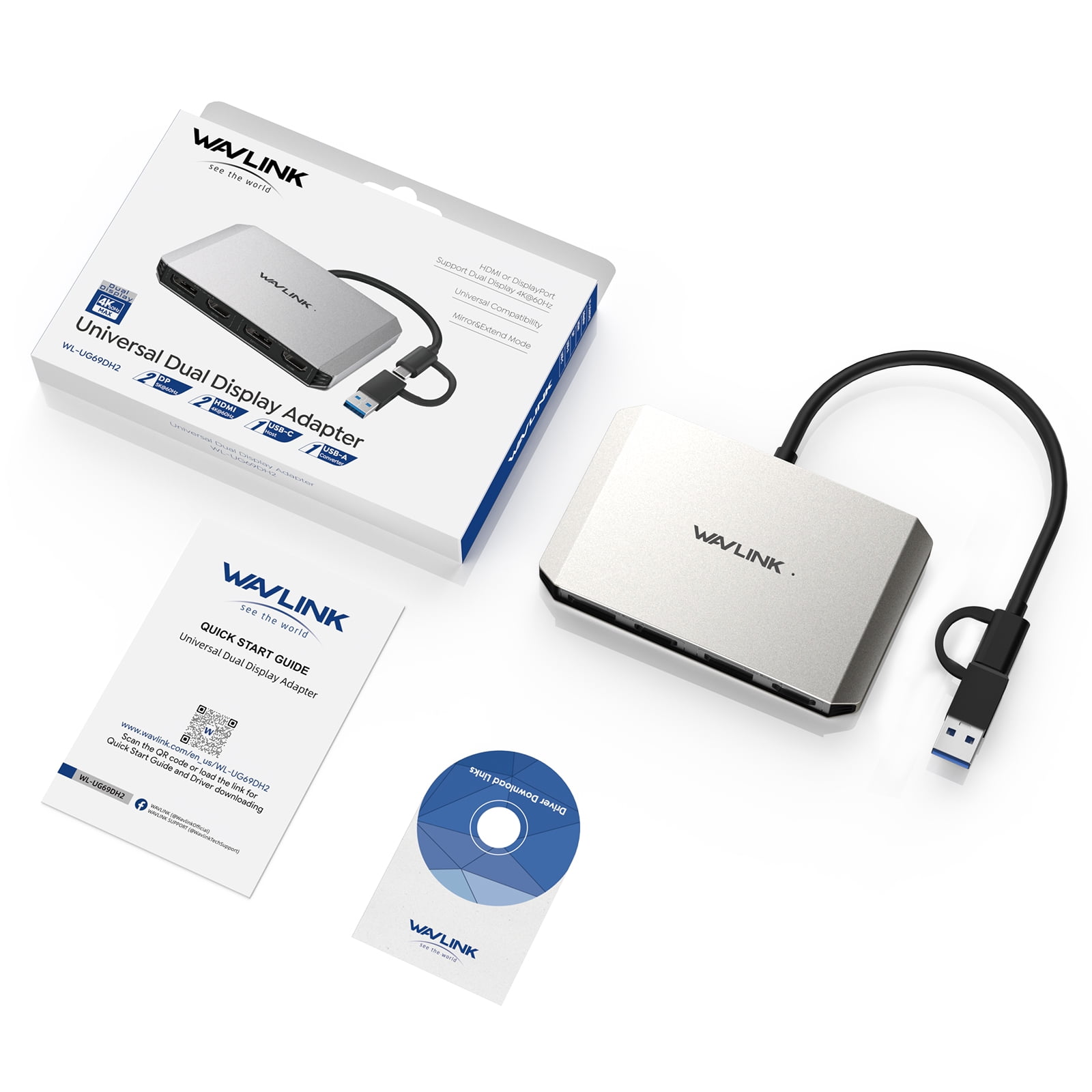 WAVLINK USB 3.0/USB C to DisplayPort and HDMI Adapter, Dual 5K@60Hz Monitor Hub, dual monitor adapter USB extender, usb display adapter for Dell HP Surface Lenovo, Compatible with Windows and Mac
