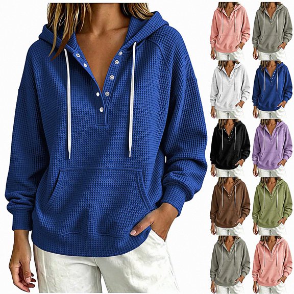 Teylalorva Womens Outerwear Jackets Classic Oversized Hooded Button Drawstring Pocket Pullover Sweatshirt Fall Winter Blue Size L