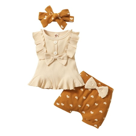 

NECHOLOGY Toddler Clothes Girls Ruffles Sleeveless Bowknot Tops Ribbed Vest Heart Printed Shorts Stuff for Newborns Childrenscostume Beige 3-6 Months