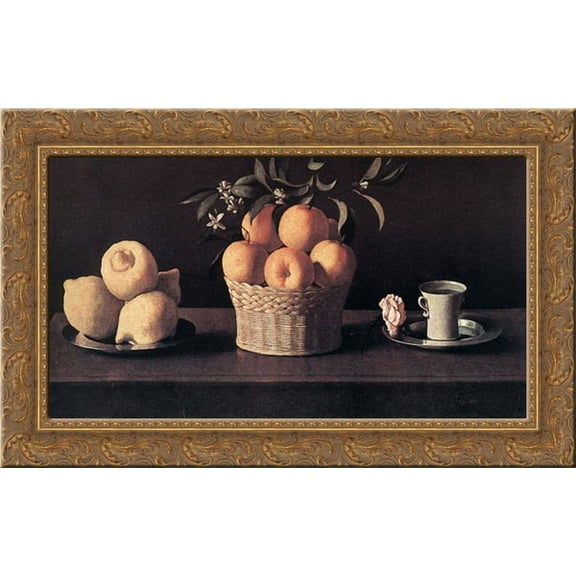 Still life with Oranges, Lemons and Rose 24x17 Gold Ornate Wood Framed Canvas Art by Zurbaran, Francisco de
