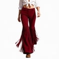 thumbnail image 2 of Karymi Faux Suede Fringe Flare Women's Pants, Mid‑High Waist Button Zipper Closure Western Style Bell‑Bottom Long Trousers for Party Going‑Out, 2 of 8
