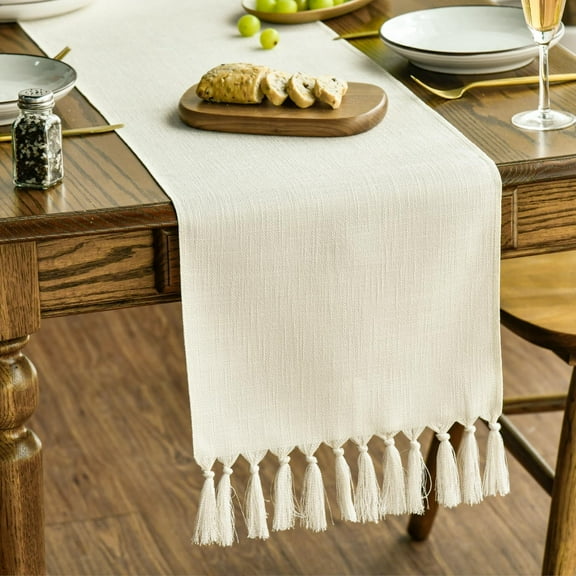 DizeyBoyo Beige Tassel Table Runner, Boho Linen Blend Rustic Farmhouse Style Kitchen Table Decoration Holiday Wedding Party Dinning Decor 13x36 Inch