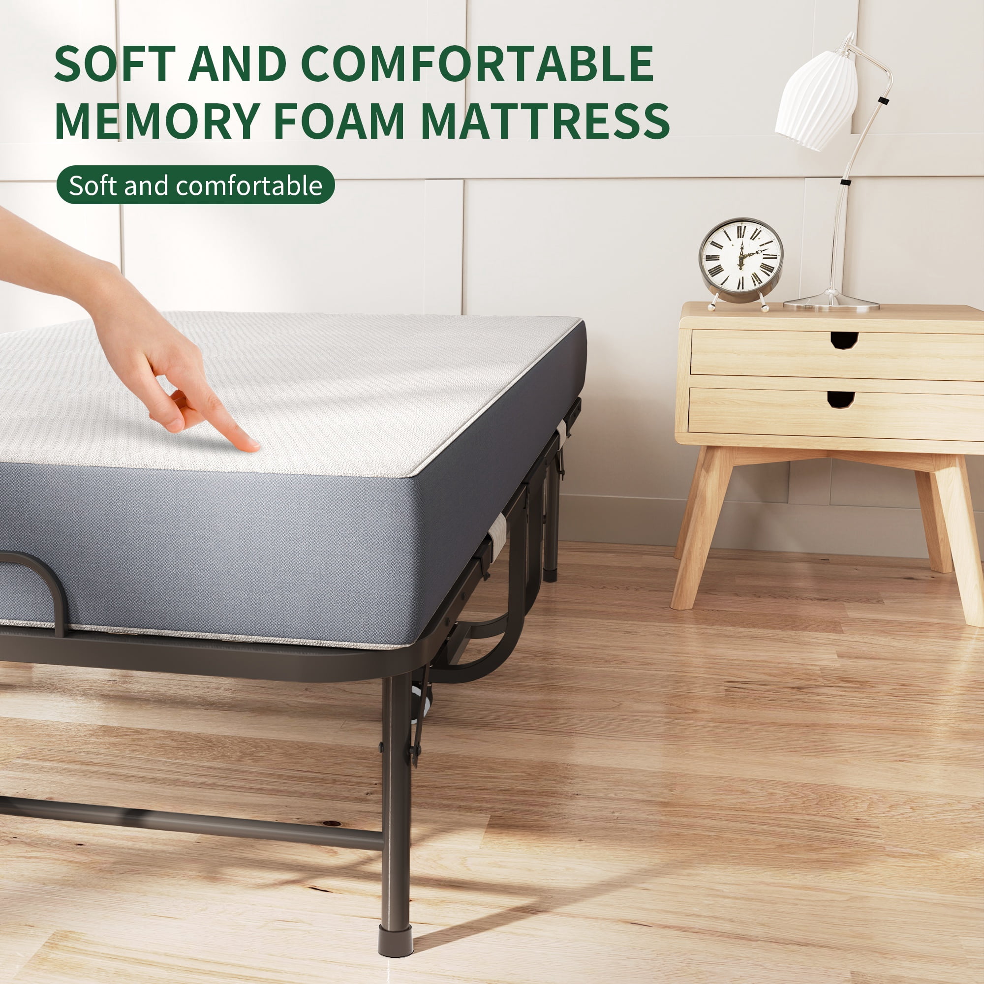 PORKISS Folding Bed with Mattress for Adults, Rollaway Guest Bed with 5" Memory Foam Mattress, Portable Foldable Bed with Locking Wheels, Space Saving Bed for Guest Room, Home Office, 74.8" x 30.7"