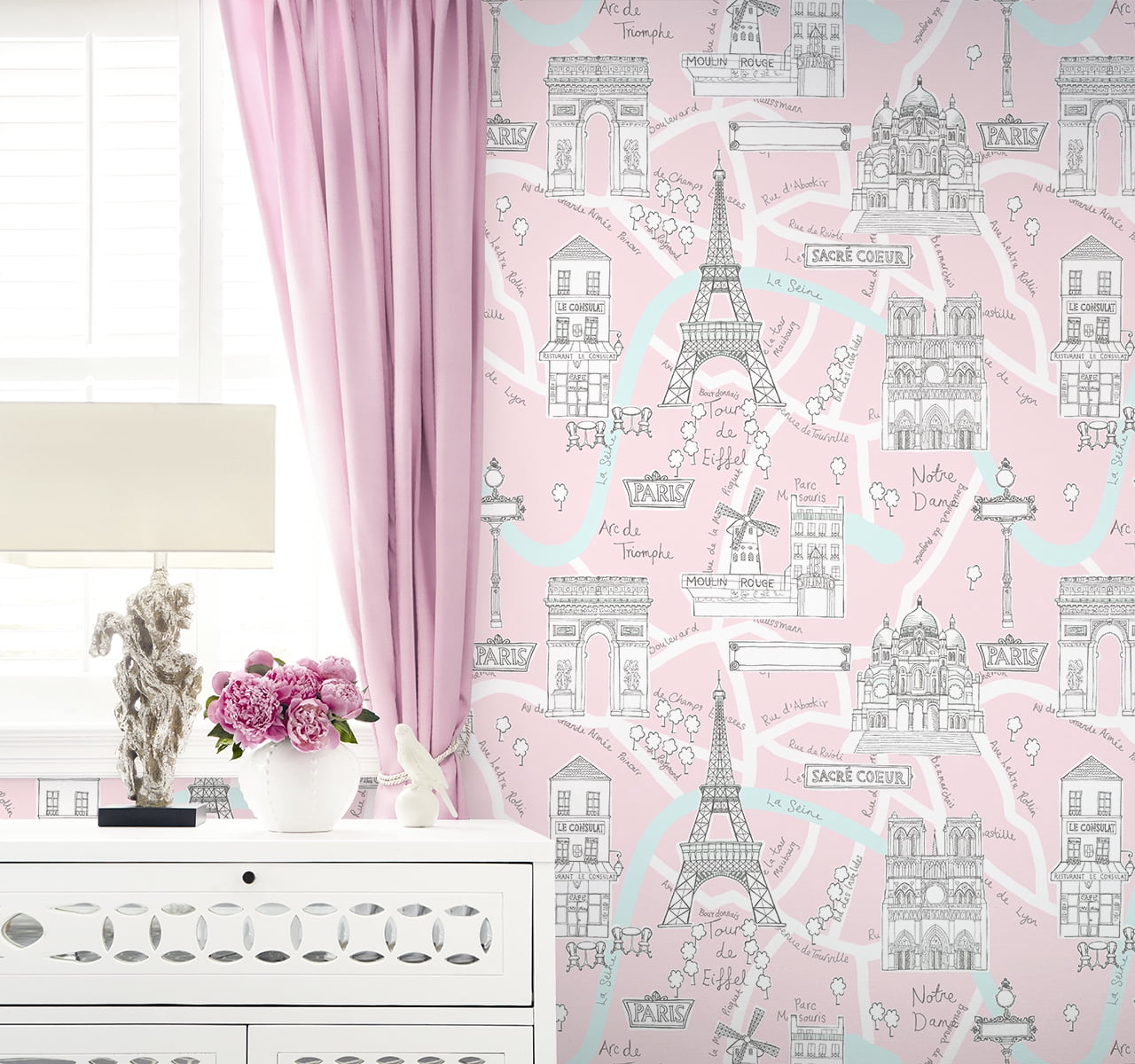 NextWall  Paris Scene Peel and Stick Wallpaper 20.5 in. W x 18 ft. L - Pale Pink