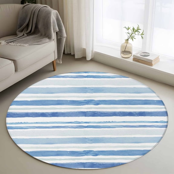 Round Rug 4Ft Washable Non-Slip, Blue White Circle Area Rugs for Living Room Bedroom, Modern Watercolor Abstract Ombre Striped Indoor Floor Mats Carpet Runner for Home Decor Aesthetic