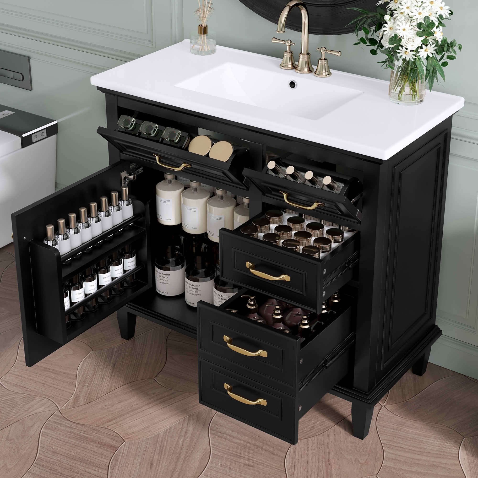 MAYEERTY 36" Bathroom Vanity Ceramic Sink Top Solid Wood MDF Poplar Cabinet Flip Drawers Adjustable Shelves Zinc Handles
