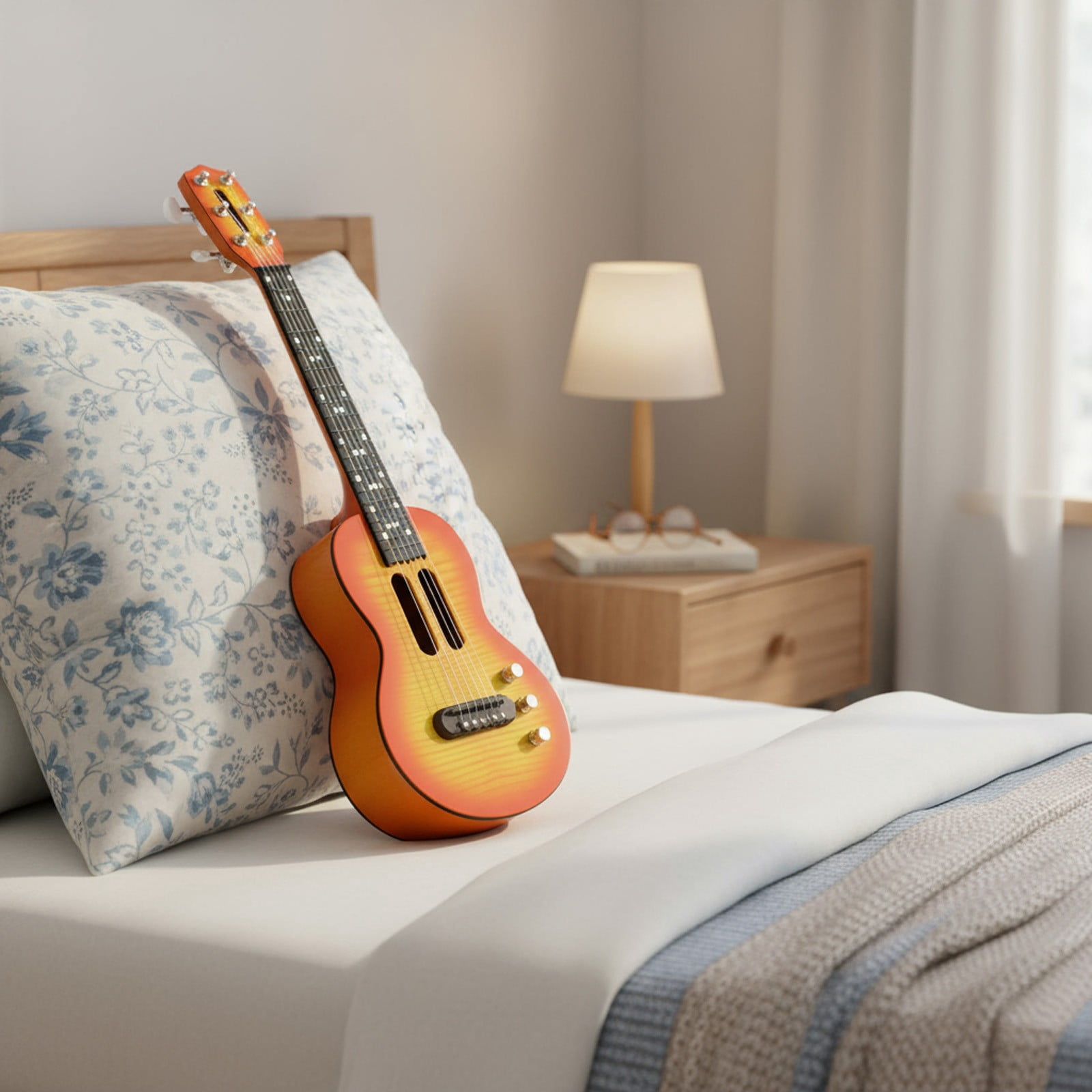 Kids Electric Guitar Toy Simulation Ukulele with Touch Sensitive Strings Adjustable Tuning Pegs Educational Musical Instrument for Children(Brown)