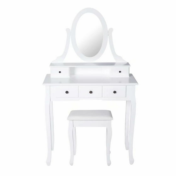 Kinbor Vanity Set With Mirror Cushioned Stool Makeup Dressing Kinbor Vanity Set With Mirror Cushioned Stool Makeup Dressing Table White Round 5 Organization Drawers Com