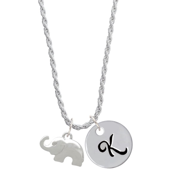 Delight Jewelry Silvertone Elephant with Crystal Eyes Silvertone Script Initial Disc - K - Charm Necklace, 20"+3"