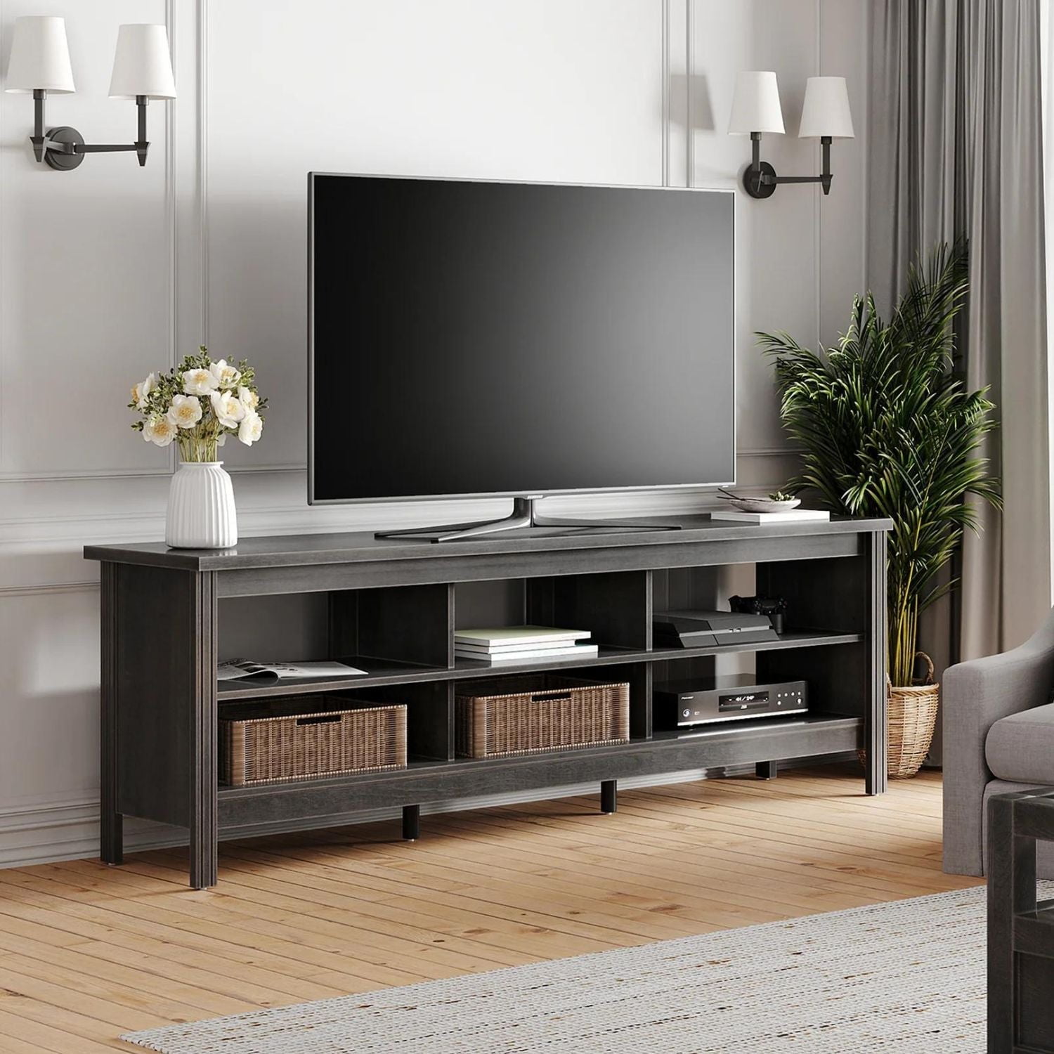 WAMPAT Black TV Stand for 75+ inch TV, Classic TV Cabinet with 6 Cubby for Living Room