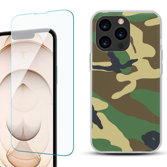 Slim-Fit Anti-Scratch Gel TPU Phone Case for iPhone 13 Pro, with Tempered Glass Screen Protector, by OneToughShield ® - Camo Green