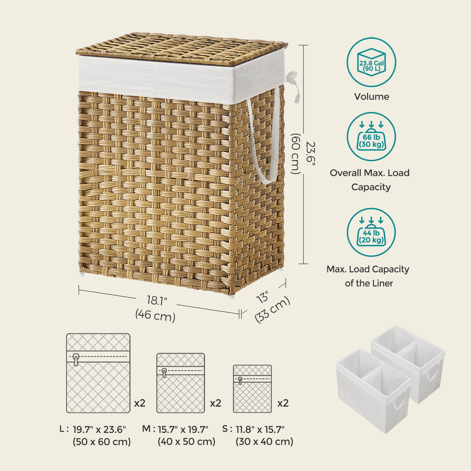 LEDREM Double-Section Laundry Hamper with Lid - 90L Capacity, 2 Removable Washable Liners, 6 Mesh Bags, Steel Frame & Wicker for Bathroom, Natural