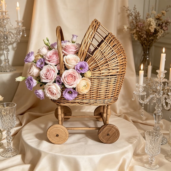 Woven Rattan Pram Shaped Flower Basket, Cute Rural Decor with Wheels and Handle for Weddings, Parties, and Candy Display