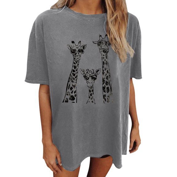 Likimi T Shirts For Women Crew Neck Short Sleeve Graphic Print Loose Fit Summer Fashion Tee Grey Size L