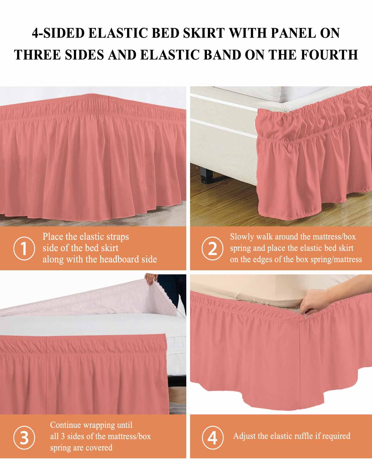Peach Solid Bed Skirt Bed Skirts King Size 18 Inch Drop, Wrap Around Dust Ruffle&nbsp;Bedskirt with Adjustable Elastic Belt for Queen Size Beds