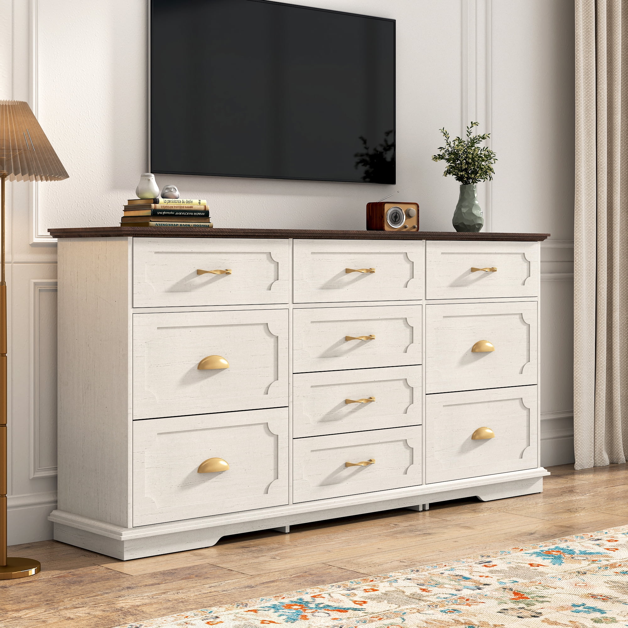 Blotout 70" Large Long Dresser with Deep Drawers, Farmhouse 10 Drawer Dresser for Bedroom, Wide Wood Chest of Drawers with Power Outlets, Antique White Dresser