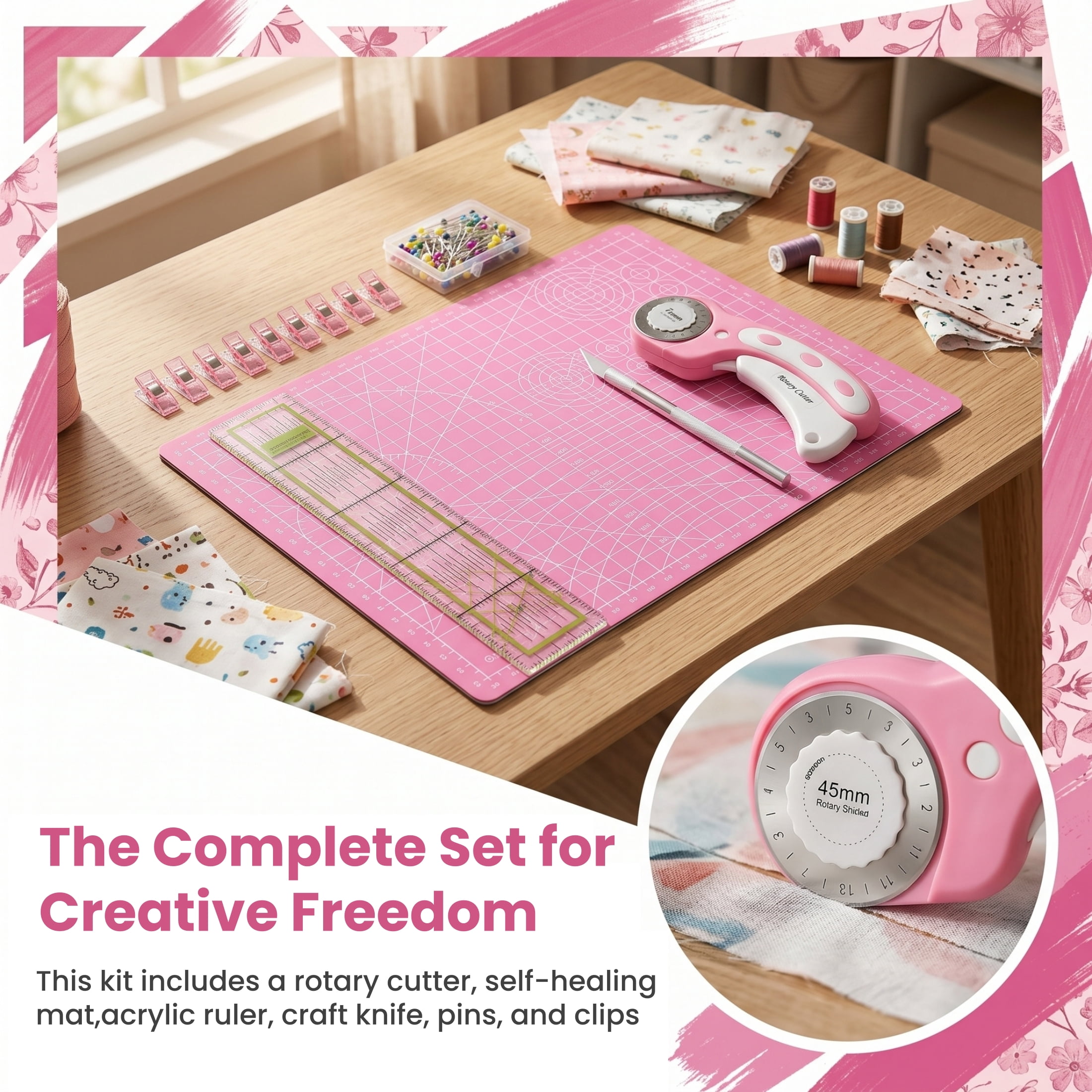 45mm Rotary Cutters Set -Rotating  Fabric Cutting Tool Set with 5 Blades, with A4 Self Healing Cutting Mat, Acrylic Ruler and Sewing Clip, Positioning Needle, Cutting Knife ,Suitable for DIY Crafting