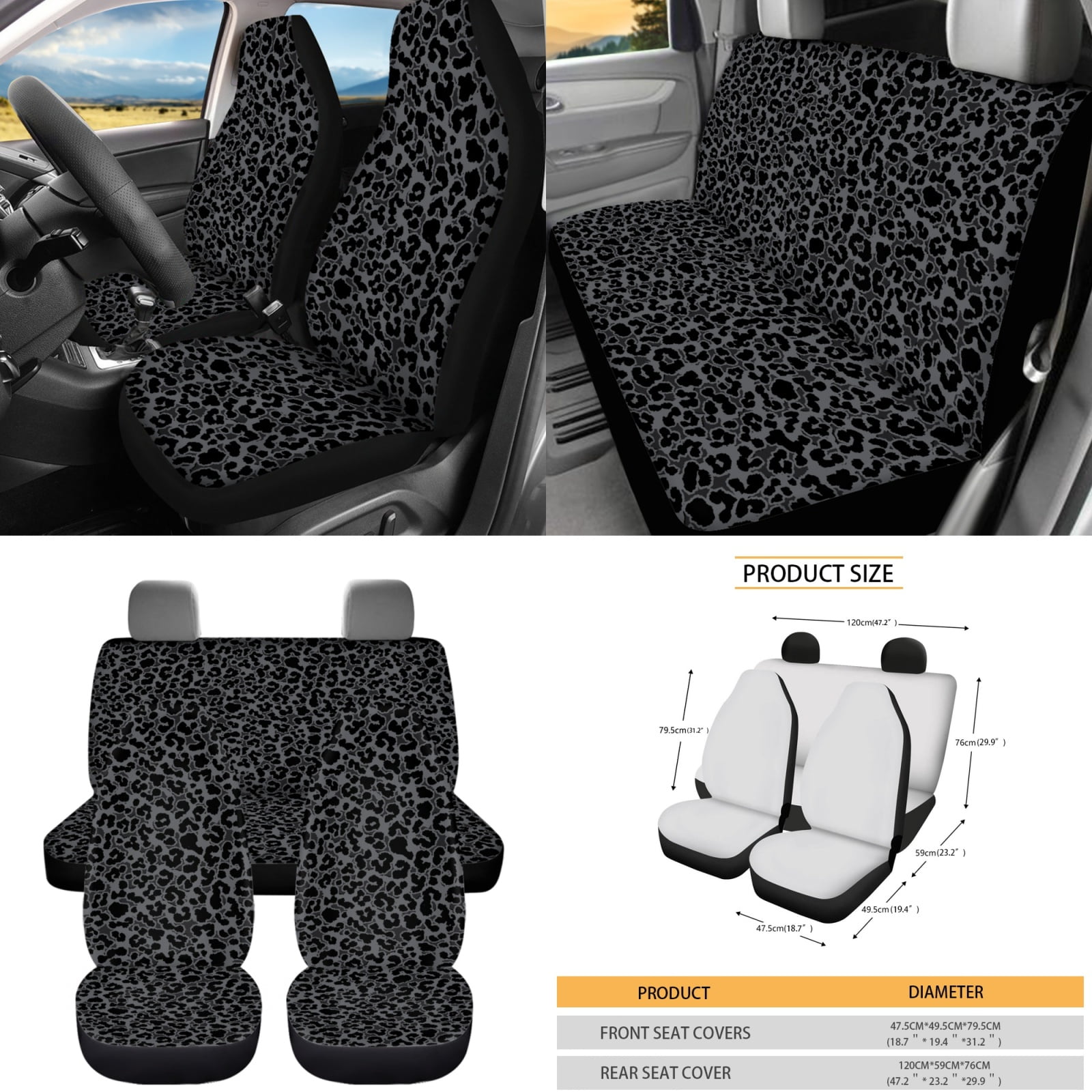 Yuyamidu Black Leopard Print Car Seat Cover Set Steering Wheel Covers Auto Seatbelt Pads Cup Coaster Lipstick Organizer Keychain Wrist Key Chain, 12 Piece