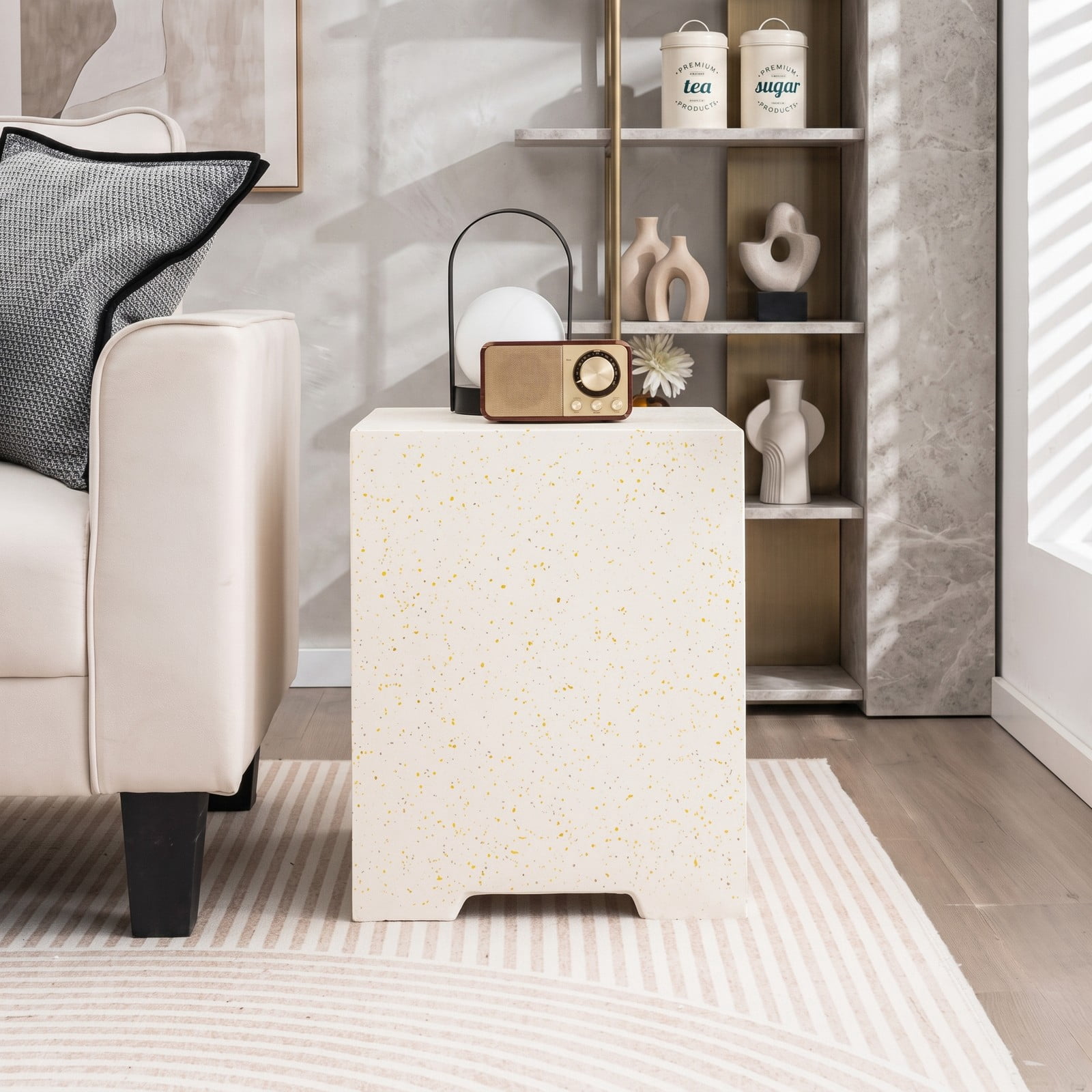 Biotree 2-in-1 Propane Gas Tank Cover Side Table with Protective Polyester Cover, Terrazzo Outdoor Patio End Table for 20 lb Tank, Indoor Accent Table, White