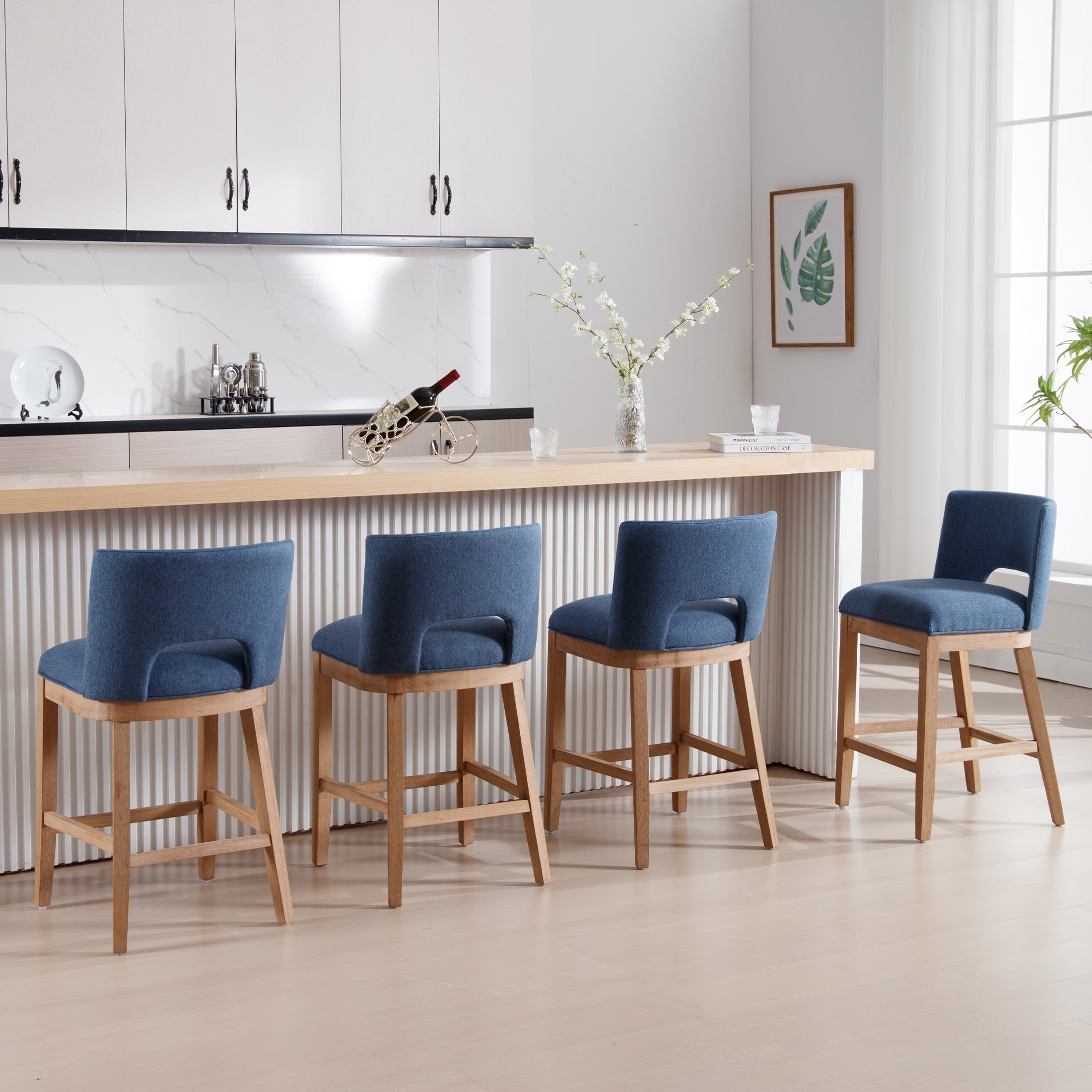 Guyou Linen Bar Stools Set of 2, 26" Modern Counter Height Barstools, Farmhouse Wooden Kitchen Island Chairs with Open Back for Restaurant Kitchen Bar, Blue