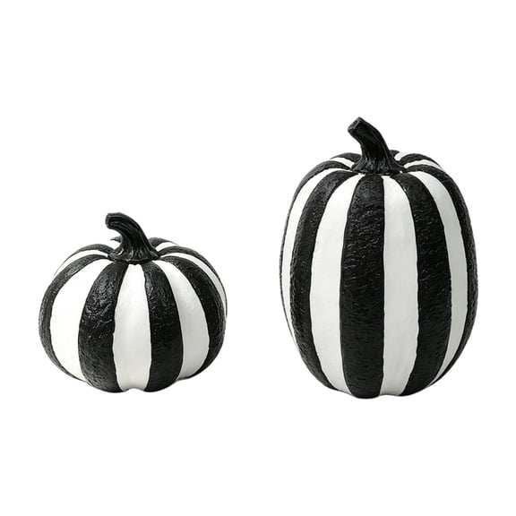 MYUNNIL 2Pcs Halloween Black White Stripe Pumpkin Figurine, Vintage Solid Pumpkin Shaped Resin Tabletop Ornament, Waterproof Gothic Seasonal Decoration for Mantel Shelf Party Display