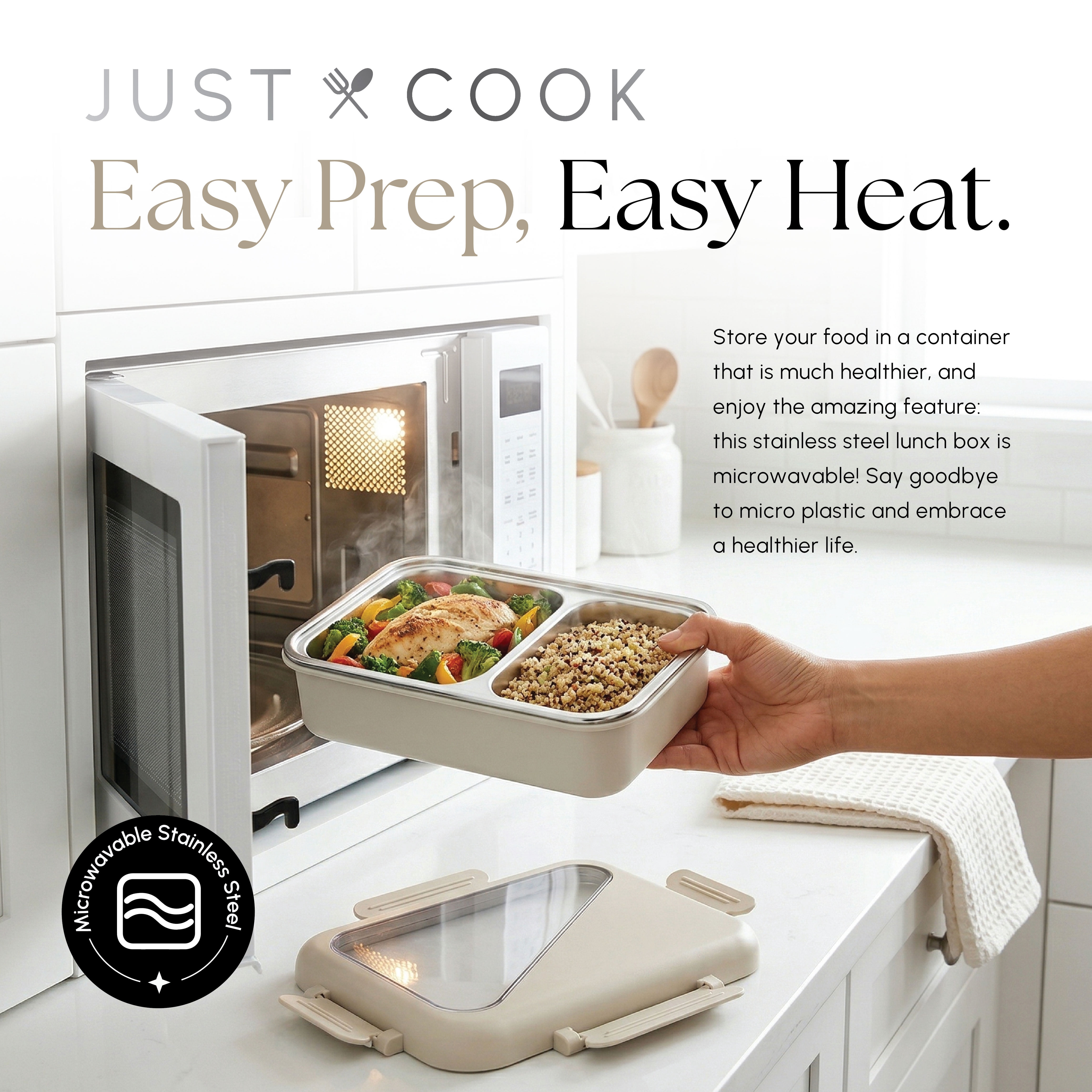 Just Cook 2 Section Microwave Safe Stainless Steel Bento Box 900 ml - Coconut Milk