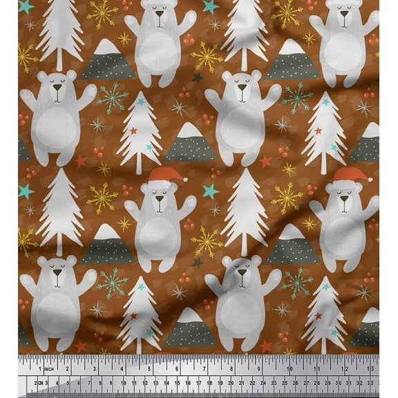 Soimoi Brown Cotton Voile Fabric Snowflake & Bear Cartoon Print Fabric by Yard 42 Inch Wide