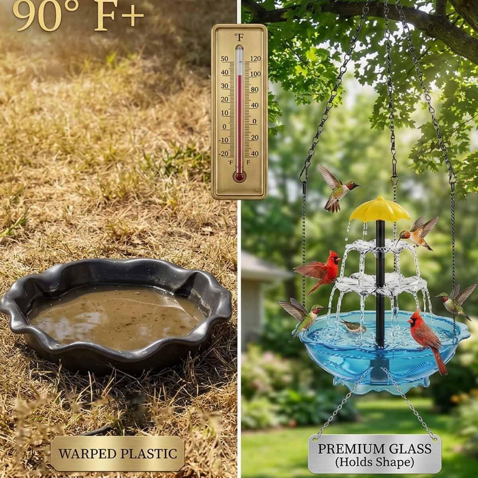 (Garden Decor)Hanging Solar-powered Bird Bath , Three-tiered Design, 9.84-inch Wide Bird Bath Tub, With Solar Water , Suitable For Outdoor Gardens, Backyards