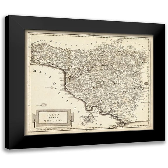Unknown 14x12 Black Modern Framed Museum Art Print Titled - Antique Map of Tuscany