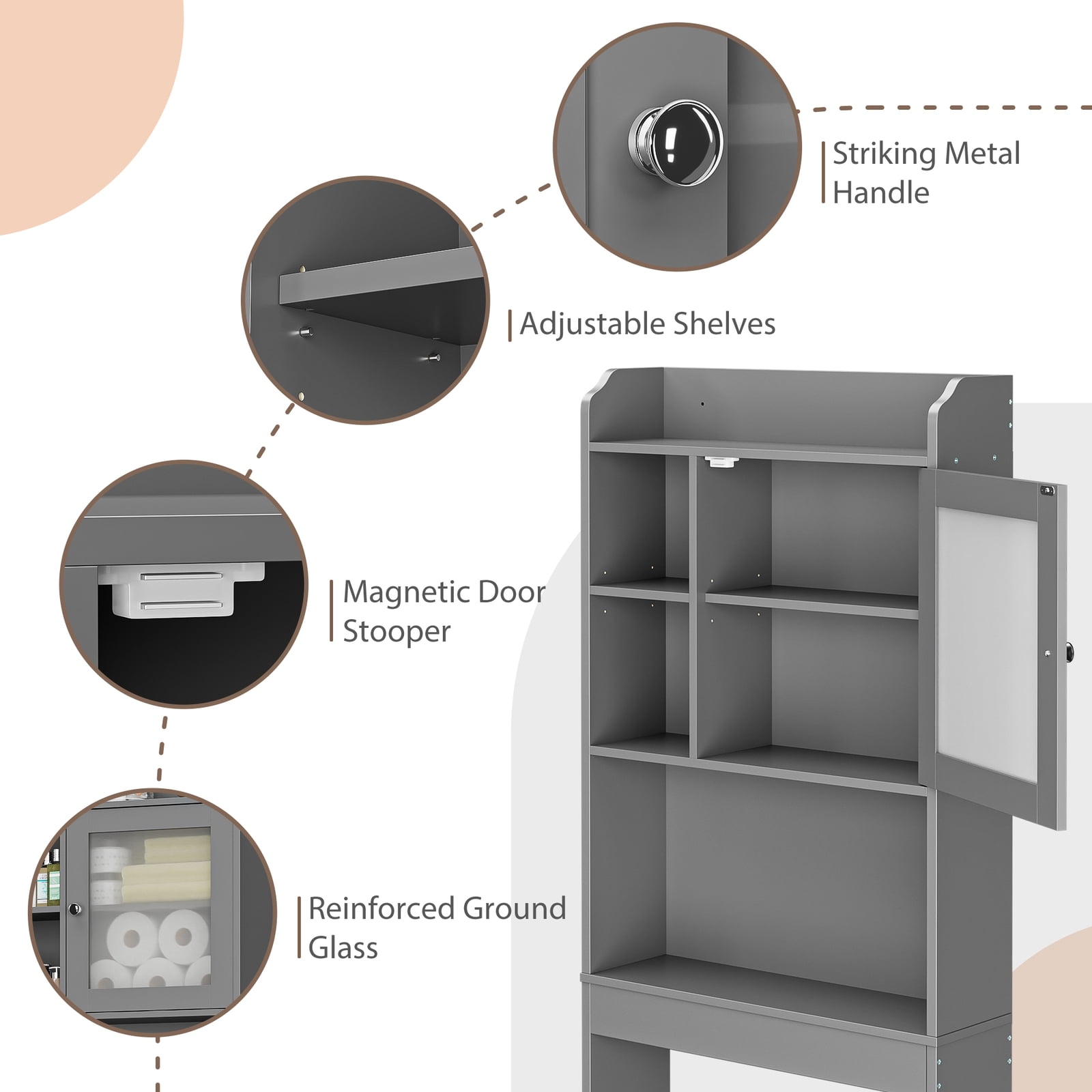 Favory Over The Toilet Cabinet, Double Door Bathroom Storage Organizer, Toilet Rack with Inner Adjustable Shelf and Open Storage Shelf,Gray