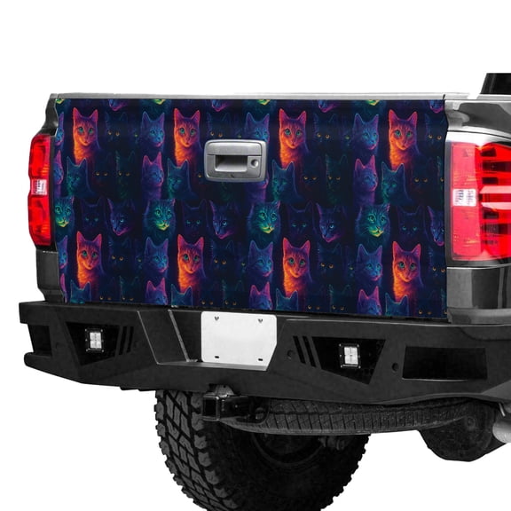 Neon Cat Tailgate Wrap – Colorful Glowing Cat Pattern Truck Tailgate Decal, Psychedelic Night Cat Pickup Tailgate Graphic