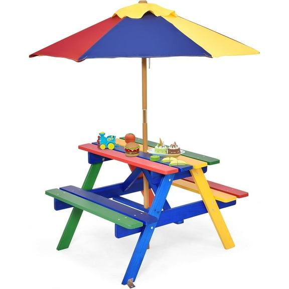DORTALA Kids Picnic Table, Wooden Outdoor Toddler Table and  Set with Removable Umbrella, Children Activity Table Set for Patio, Garden, Backyard, Girls & Boys Gift, Colorful