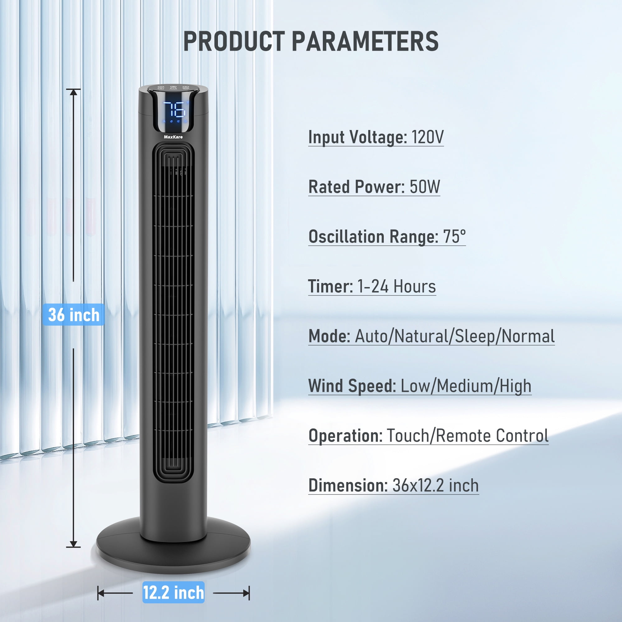 MaxKare 36" Tower Fan with 4 Modes 3 Speeds 24H Timers, 75° Oscillating, LED Display & Remote Controller, 50dB Quiet Fan, Black