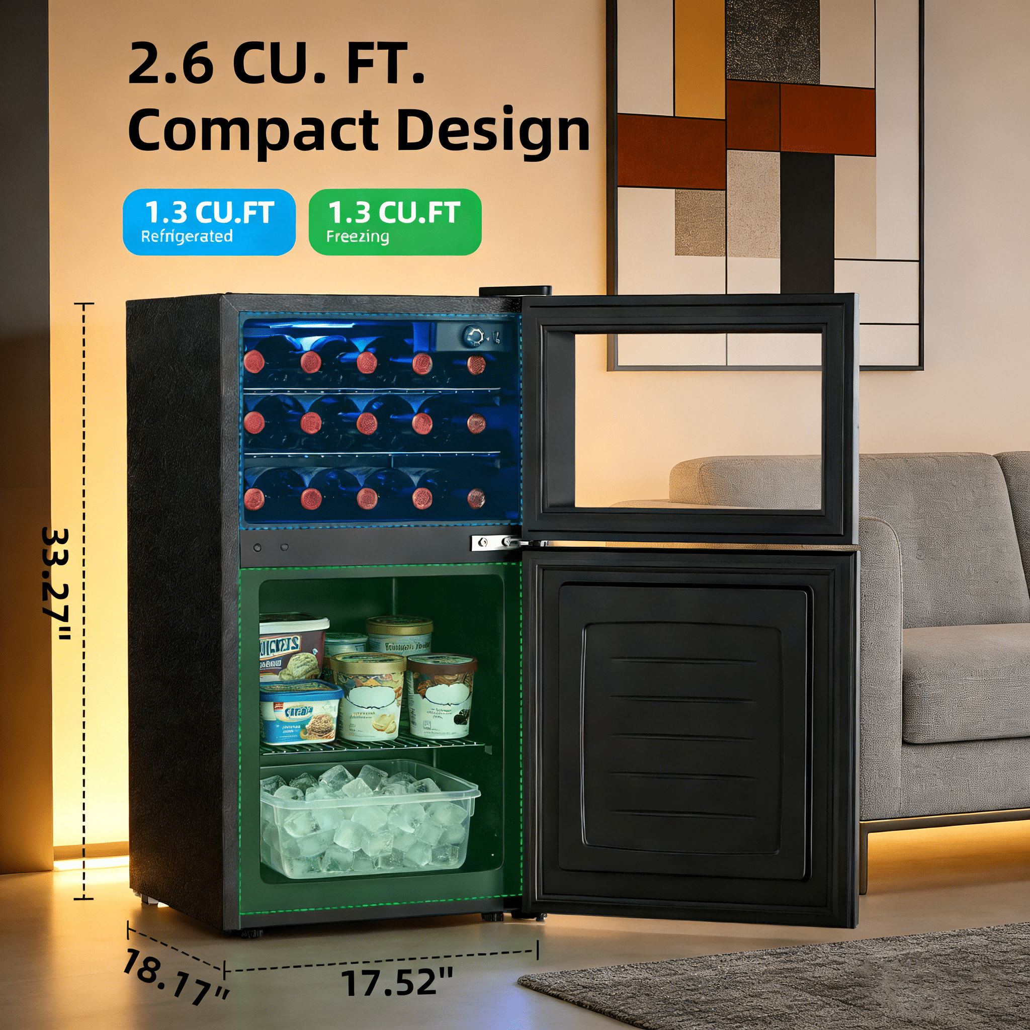 Auseo 2.6 Cu.ft Beverage Refrigerator with Freezer,2-Door Freestanding Small Refrigerator,Mini Fridge for Bedroom/Home/Office