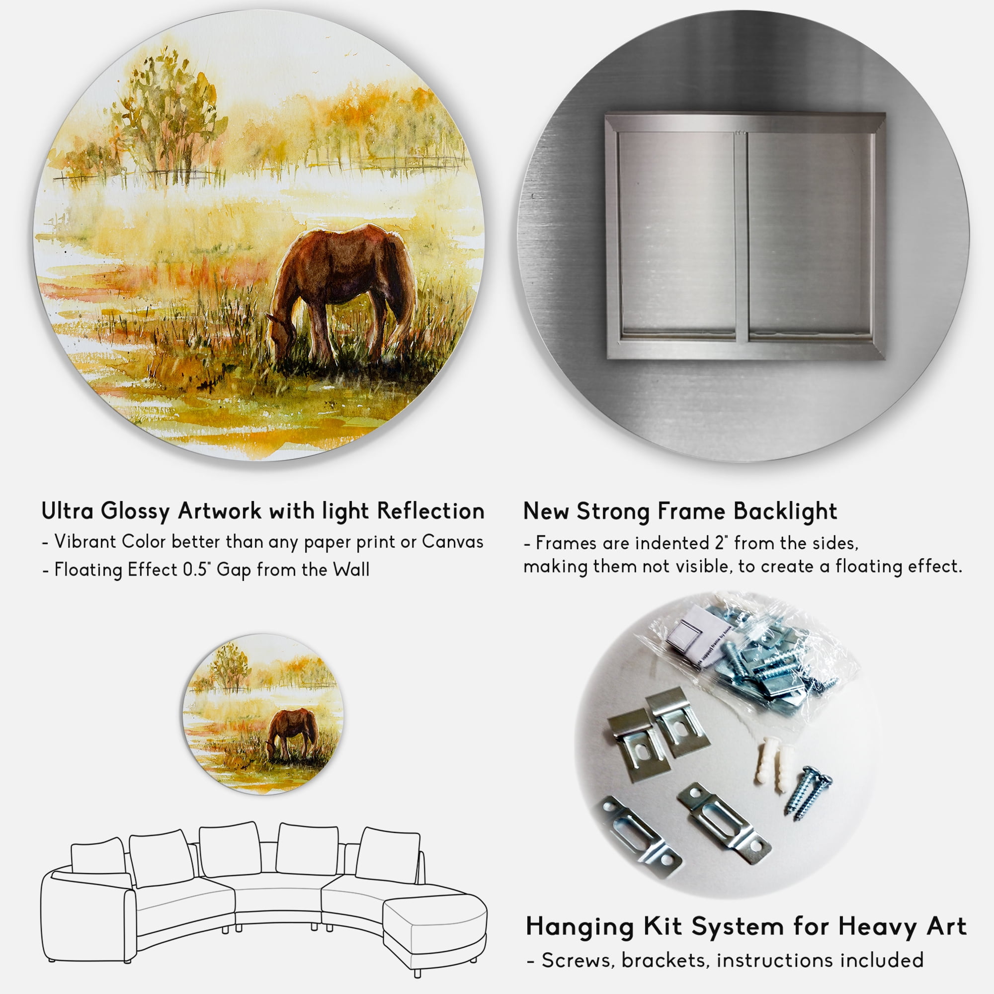 Designart 'Horse Eating Grass On A Meadow' Farmhouse Circle Metal Wall Art 36x36 - Disc of 36
