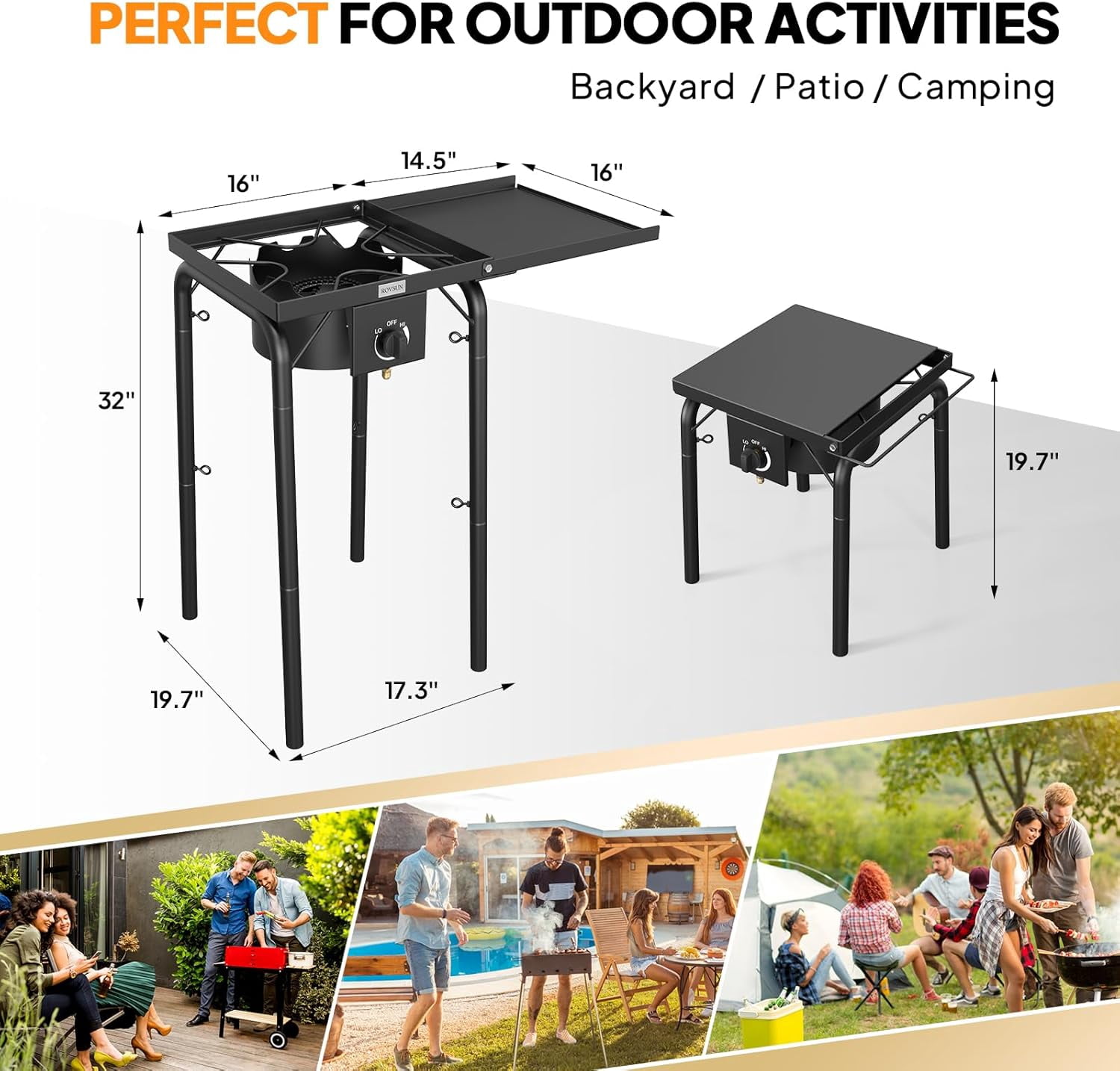 VINGLI Single Burner Propane Gas Stove with Side Shelves & Carrying Bag, 100,000 BTU Portable Stove with Removable Legs & Regulator for Camping Home Backyard Cooking Brewing Canning Turkey Frying