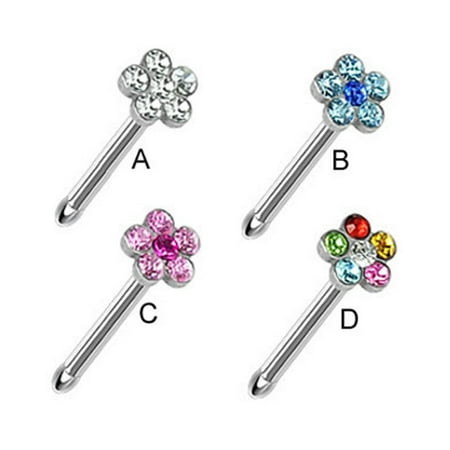 Steel Bone - Stainless Steel Nose Bone With Jeweled Flower, 20 Ga,Blue - B