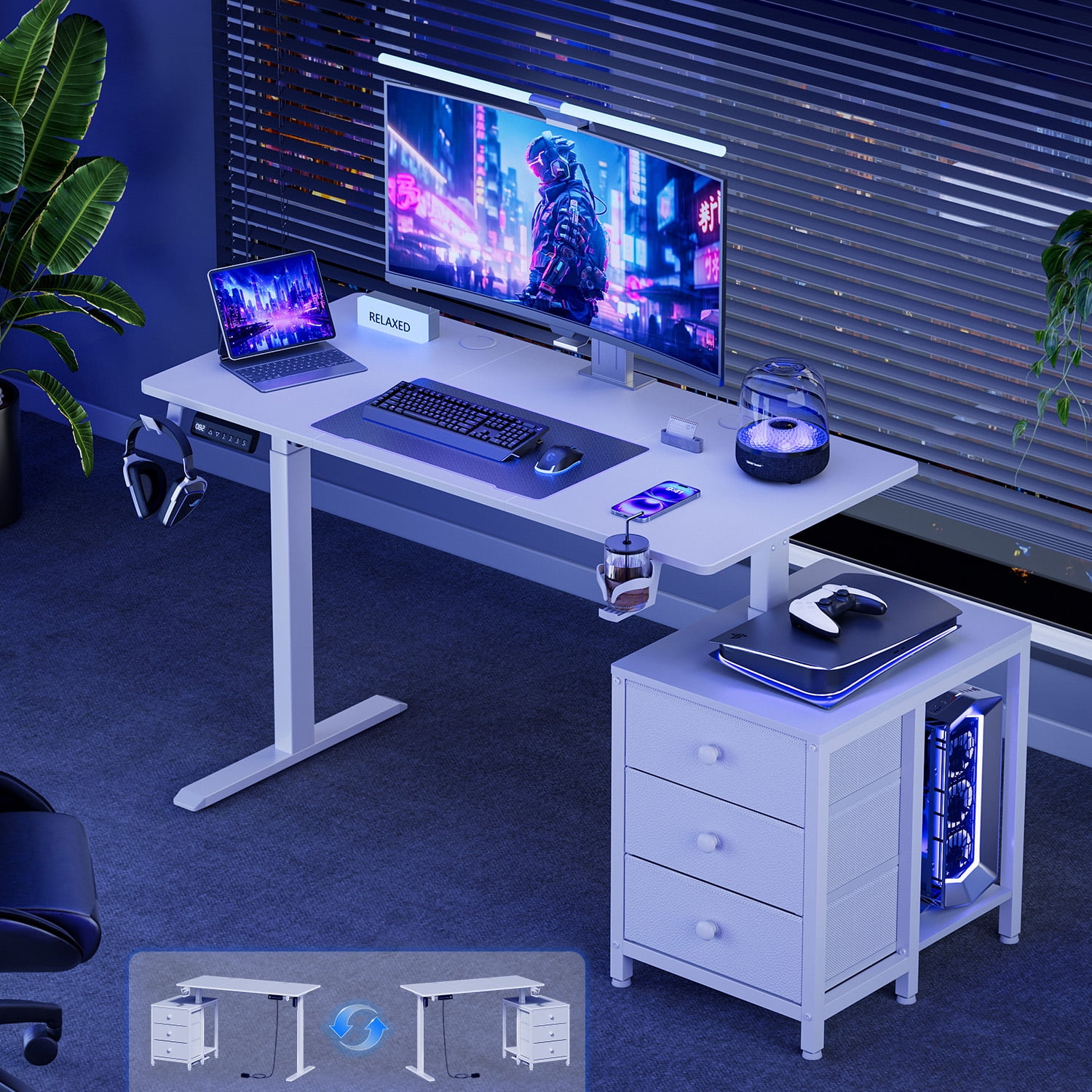 GUNAITO 47.2" Electric Standing Desk with 3-Drawer Cabinet, Adjustable Height Desk with Memory Panel, Office & Gaming Desk，White