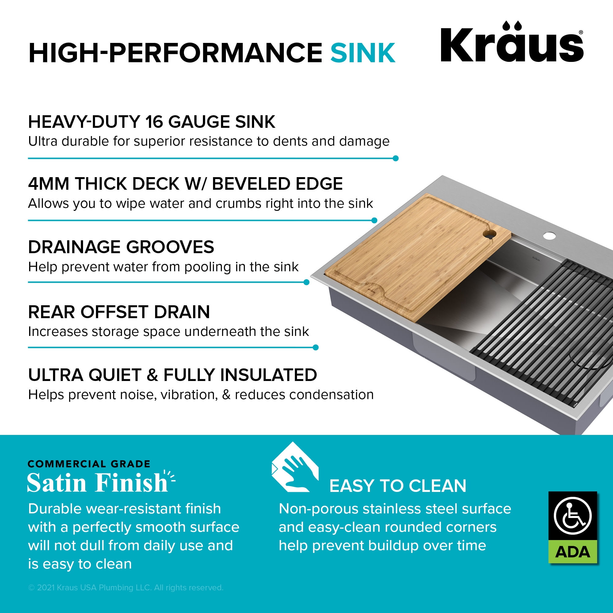 Kraus Kore Workstation 33 inch Topmount Drop-In 16 Gauge Stainless Steel Single Bowl Kitchen Sink in PVD Gunmetal Finish with Accessories