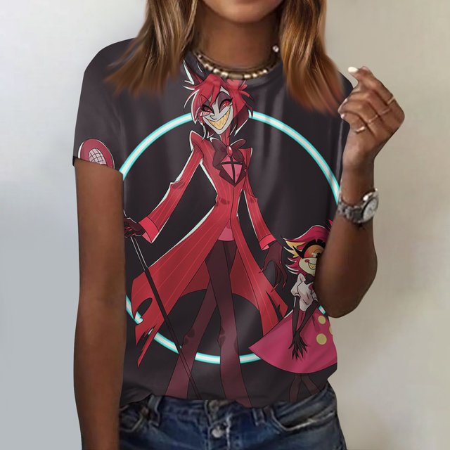 Hazbin Hotel Camiseta Manga Corta Cuello Redondo Estampada Moda Casual Mujer Negro/L