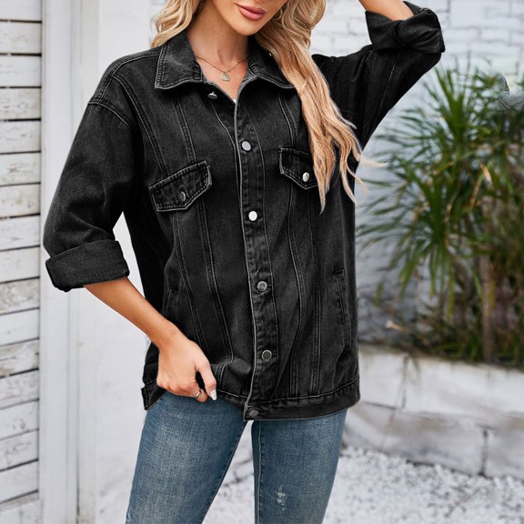 WFJCJPAF 2024 New Product Clearance! Denim Jackets for Women Plus Size,Women's Fashion Color Lapel Look Slimmer Sleeve Denim Jacket - Black S