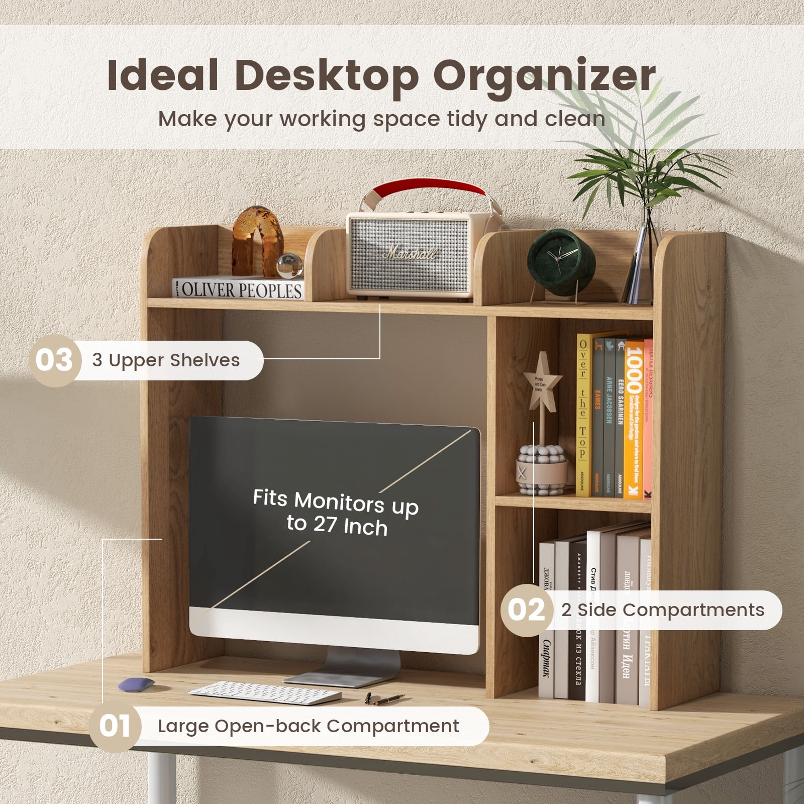 Giantex Desk Bookshelf, Wood Desk Hutch w/5 Shelves, Computer Table Display Rack, Organizer Shelf for Dorm Office Home, Natural