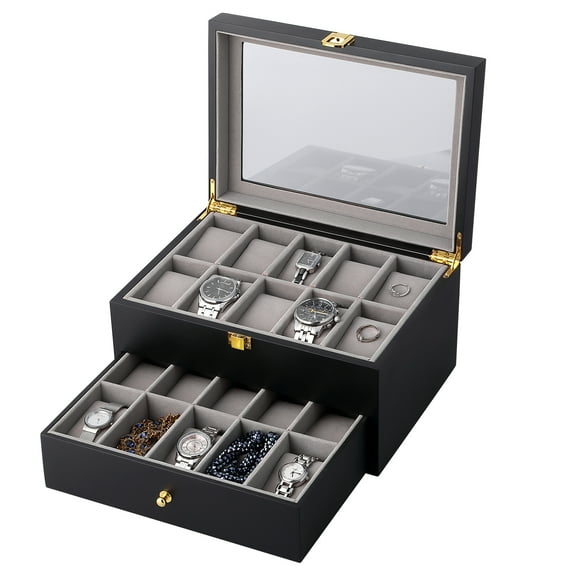 Uten 20-Slot Luxury Watch Box with Jewelry Organizer Drawer & Glass Top, 2-Layer Wooden Display Case with Velvet Lining & Removable Pillows, Black