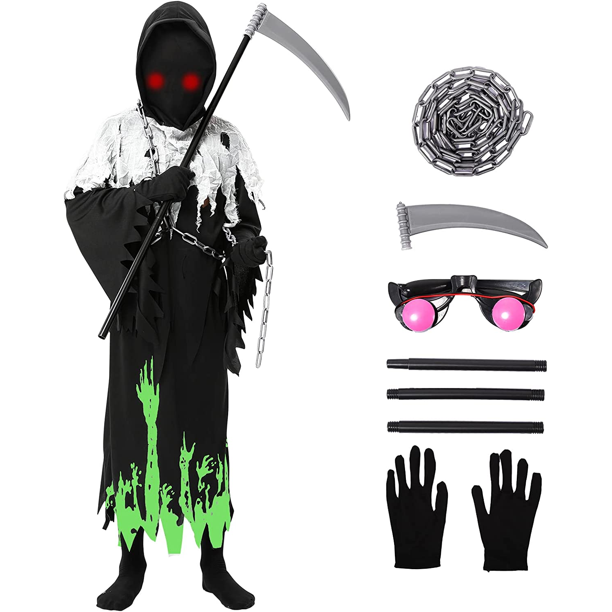 Grim Reaper Costume for Kids, Glow In The Dark Halloween Dress Up