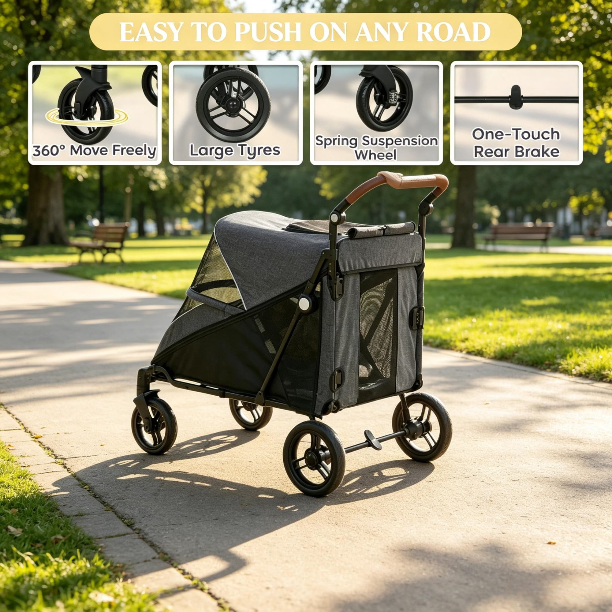 Heavy Duty Dog Stroller, Up to 66 LBS, All-Terrain Suspension for Backyard & Park Use, Gray