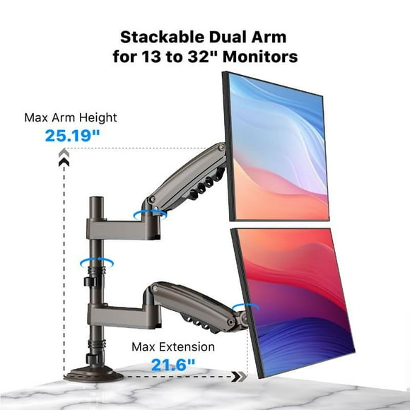 HUANUO Dual Monitor Arm - Adjustable Gas Spring Mount for 30" Monitors, 19.8 lbs Max Weight, C-Clamp or Grommet Mounting for Gaming & Office Setup