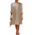 thumbnail image 1 of Sexy Dance Robe à Paillettes pour Femmes Col Rond Courte avec Ceinture Mini Mode Soirée Manches Longues Abricot Argent m, 1 of 3