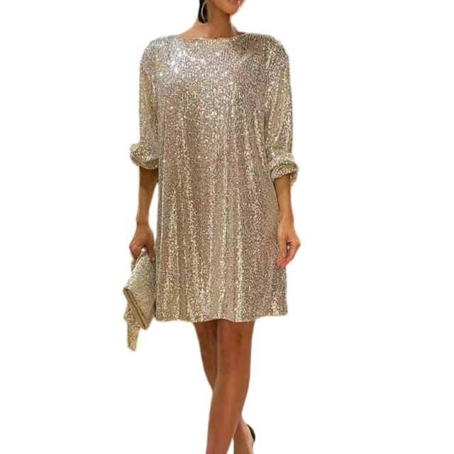 Sexy Dance Robe à Paillettes pour Femmes Col Rond Courte avec Ceinture Mini Mode Soirée Manches Longues Abricot Argent m